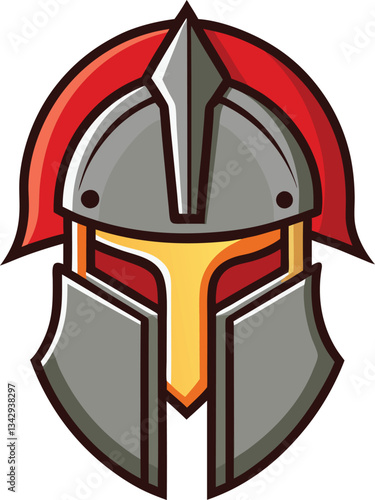 Gray and Red Roman Helmet Vector, A striking vector illustration of a Roman helmet with red plume and gray metallic design, ideal for warrior and historical themes.
