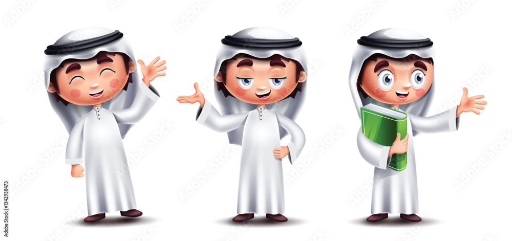 Saudi arab kids characters vector set design. Arab kids character standing collection with happy and sad facial expression for cute arabian boy elements background. Vector Illustration.
Saudi arab kids characters vector set design. Arab kids character standing collection with happy and sad facial expression for cute arabian boy elements background. Vector Illustration.