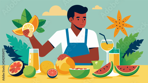 The bartender carefully slices and blends a variety of tropical fruits including tangy starfruit sweet papaya and zesty lime to create a vibrant and flavorful tropical sangria.. Vector illustration