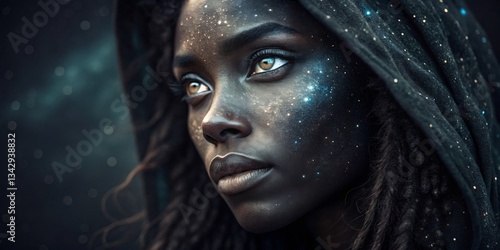 Obraz na płótnie Woman with cosmic face paint gazes into the distance in a dark starry atmosphere during twilight w salonie