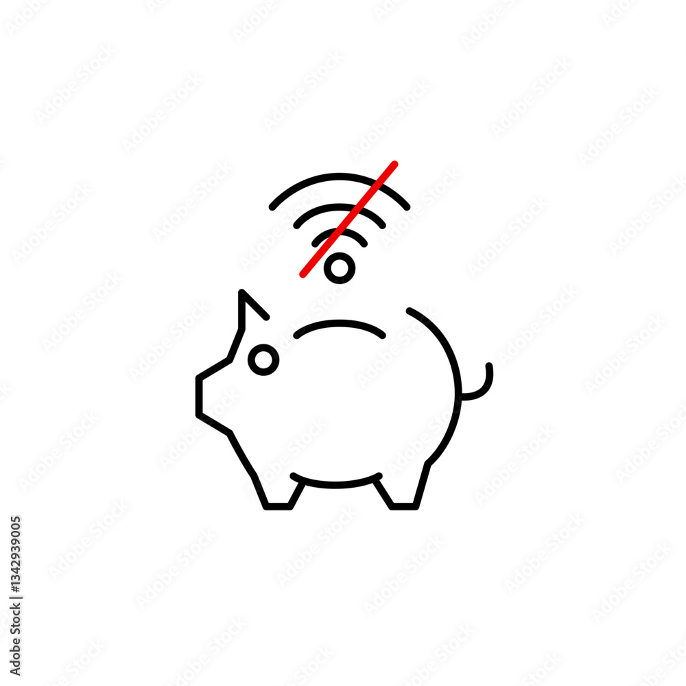 Obraz premium No wi-fi and piggybank. Offline savings. Financial operations outside of digital world. Pixel perfect, editable stroke vector icon