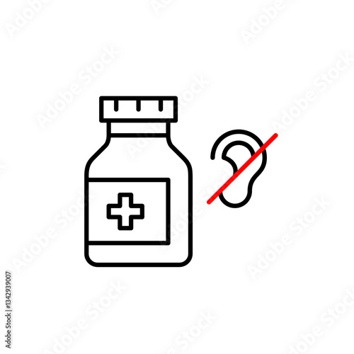 Bottle of pill tablets and ear crossed symbol. Audiologist, otolaryngologist treating hearing loss. Health medication designed for deaf or hard-of-hearing patients. Pixel perfect, editable stroke vect