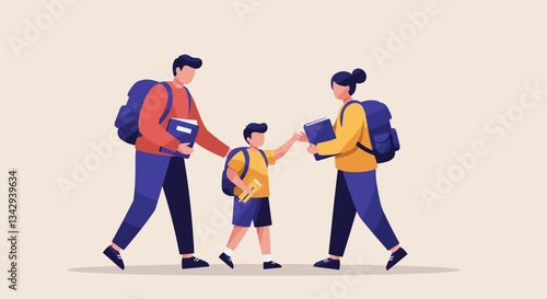 Parents with backpacks supporting their child holding school books on a neutral background