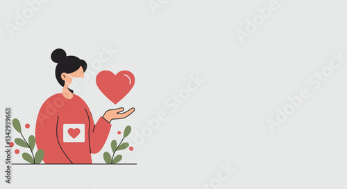 Woman wearing a mask holding a heart symbol on a light gray background