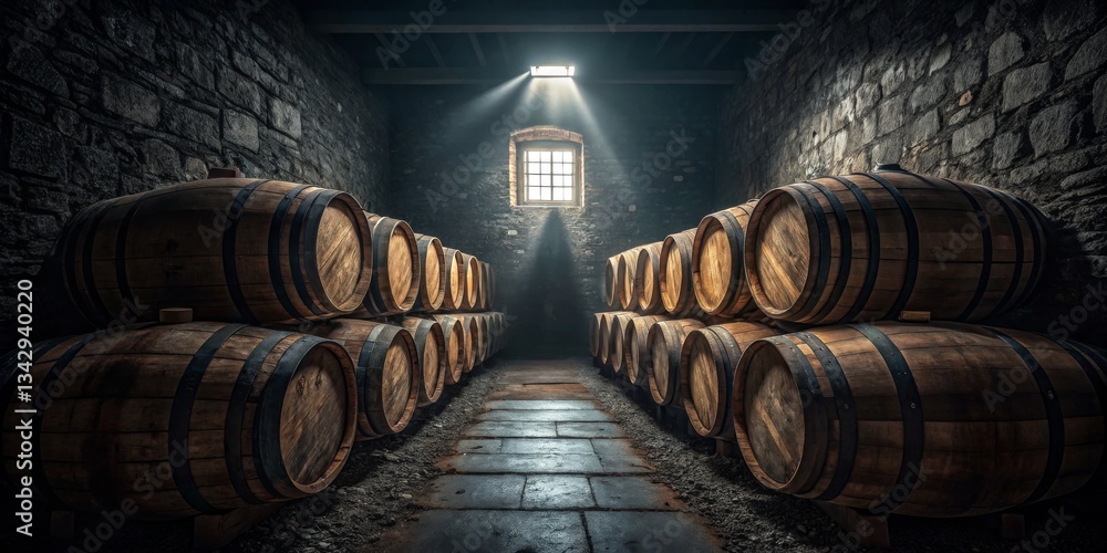 Barrels stacked neatly in a dimly lit cellar highlighting rustic ambiance of wine aging process