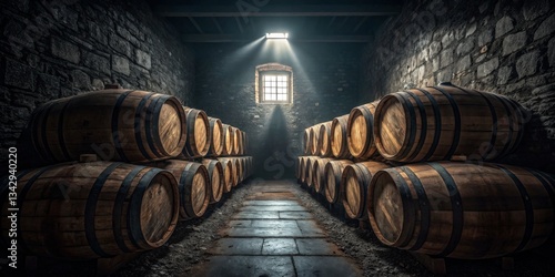 Obraz na płótnie Barrels stacked neatly in a dimly lit cellar highlighting rustic ambiance of wine aging process w salonie