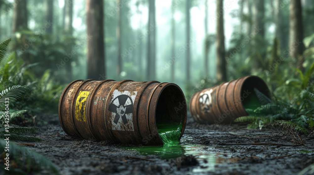 Rusty barrels leaking toxic green liquid in forest, highlighting environmental pollution and greenhouse gases Rusty barrels leaking toxic green liquid in forest, highlighting environmental pollution and greenhouse gases