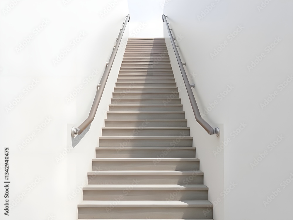 Straight Staircase Ascending to Light, White Walls and Handrails, Architecture, Interior Design, Steps. Straight Staircase Ascending to Light, White Walls and Handrails, Architecture, Interior Design, Steps.