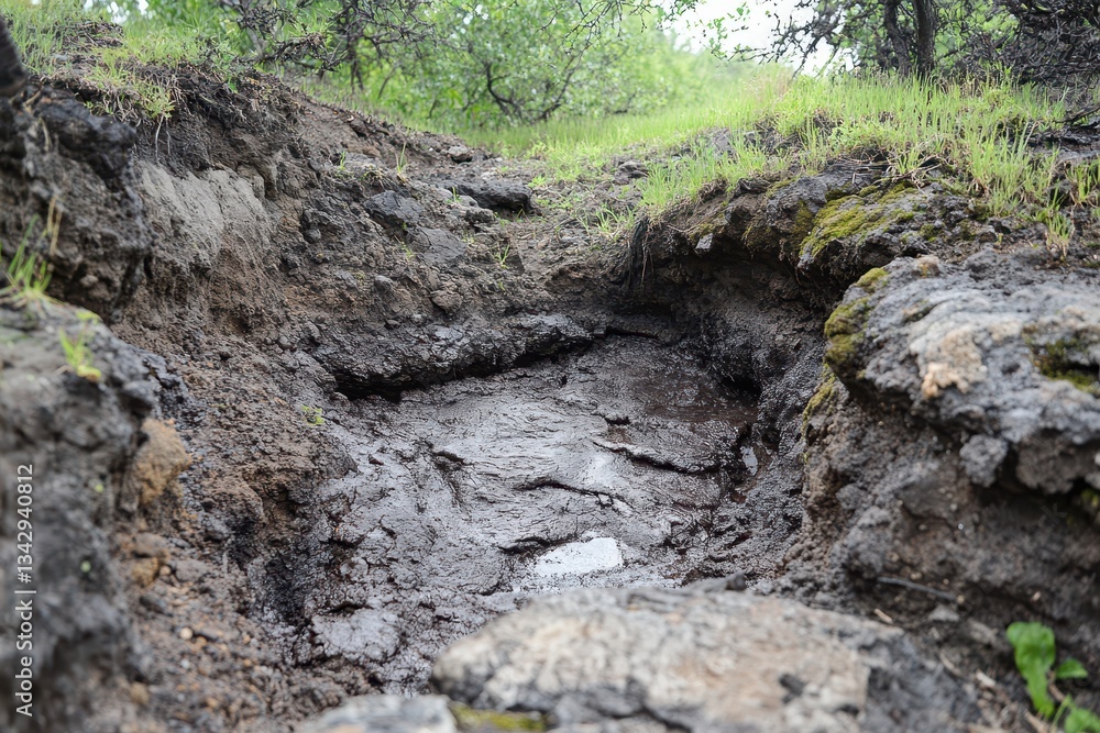 Rocky soil pit with moss and green vegetation near the surface. Use for erosion, geology, or ecological studies, nature backgrounds. Rocky soil pit with moss and green vegetation near the surface. Use for erosion, geology, or ecological studies, nature backgrounds.
