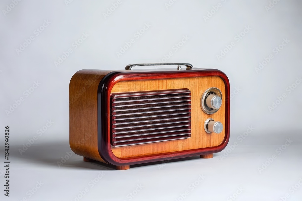 Obraz premium Wooden retro radio with knobs and a decorative handle sits