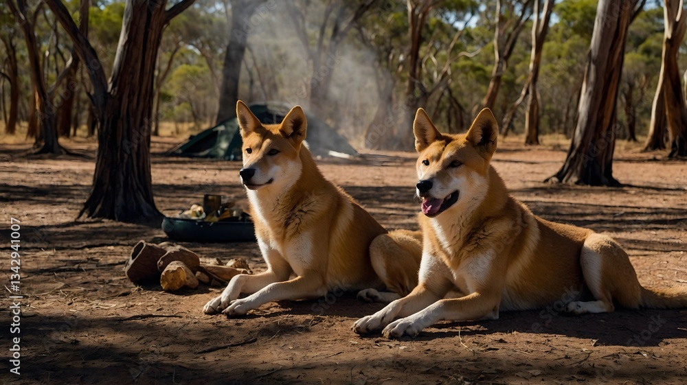 Group of Dingoes at Campsite in Australian Outback, Investigating Campfire Group of Dingoes at Campsite in Australian Outback, Investigating Campfire
