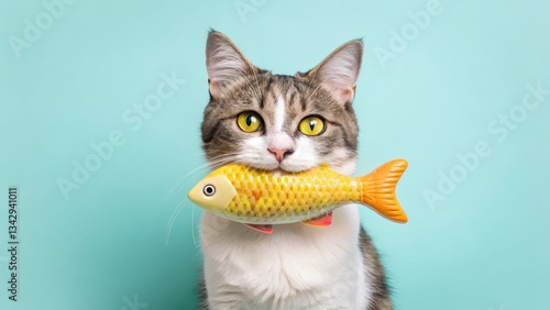 Cat playtime routines concept Cat holding a toy fish against a blue background.