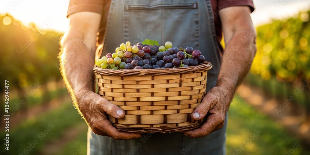 Farmer holding a basket of fresh grapes in a vineyard during sunset