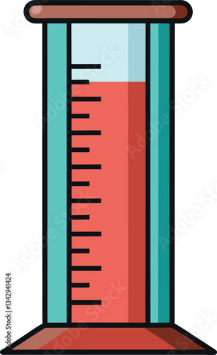 Measuring cylinder vector with red liquid, A vector illustration of a measuring cylinder filled with red liquid, used for precise scientific measurements in the laboratory.
