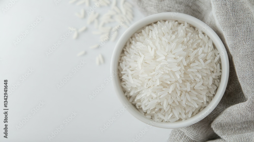 Fresh White Rice in a Bowl on a Light Fabric Background Fresh White Rice in a Bowl on a Light Fabric Background