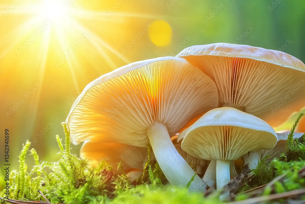 Closeup view of delicate mushrooms growing in lush green moss illuminated by warm sunlight life fungi Closeup view of delicate mushrooms growing in lush green moss illuminated by warm sunlight life fungi