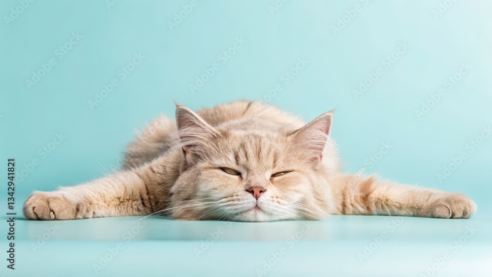 Obraz premium Cat playtime routines concept A relaxed cat lying flat against a blue background.