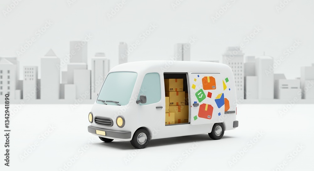 Delivery Van with Open Door Full of Packages in Cityscape Delivery Van with Open Door Full of Packages in Cityscape