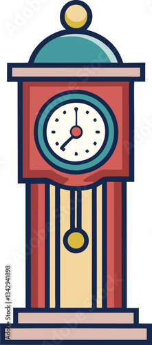 Colorful grandfather clock vector with pendulum, A colorful vector illustration of a grandfather clock with a pendulum, featuring a traditional clock face and wooden design.
