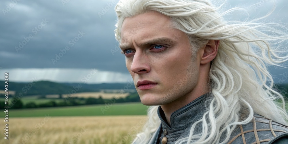 Character with long white hair stands in a field under dark clouds, showcasing intense expression and striking blue eyes during an overcast day