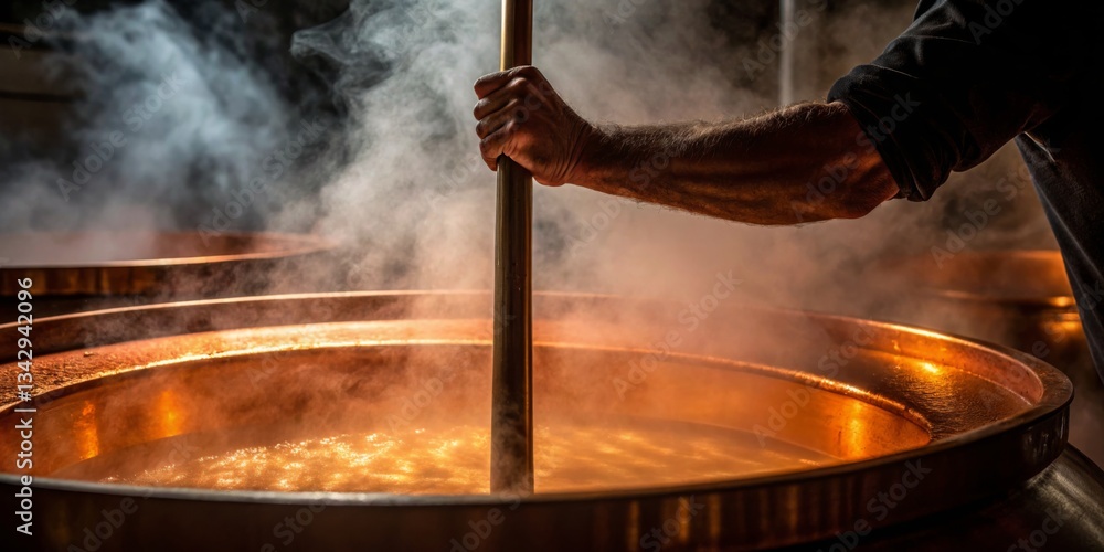 Crafting artisan beer in a warm brew house with steam rising from large copper kettles during the brewing process