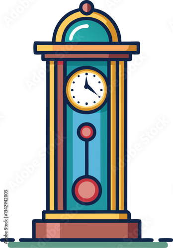 Colorful grandfather clock vector with pendulum, A vibrant vector illustration of a grandfather clock with a pendulum and a detailed clock face in a colorful design.
