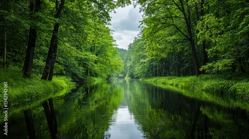 Stunning riverscape with reflections of towering trees, a quiet nature escape showcasing pristine outdoor environments.