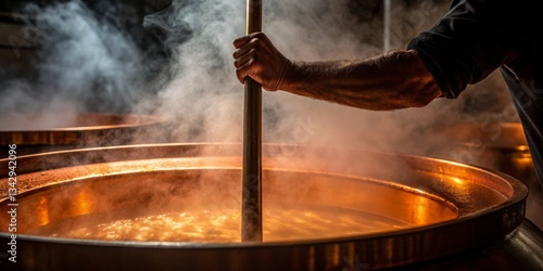 Obraz na płótnie Crafting artisan beer in a warm brew house with steam rising from large copper kettles during the brewing process w salonie