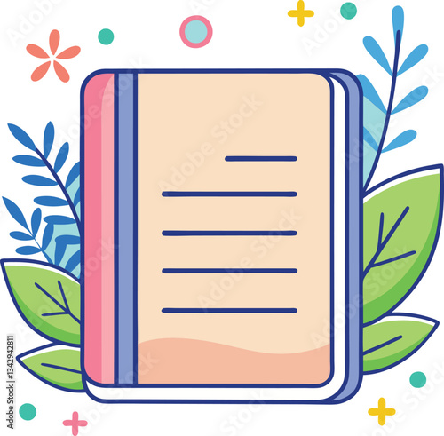 Open Book with Leaves and Flowers Vector Illustration, A colorful vector illustration of an open book surrounded by leaves and flowers, ideal for reading, education, and nature themes.
