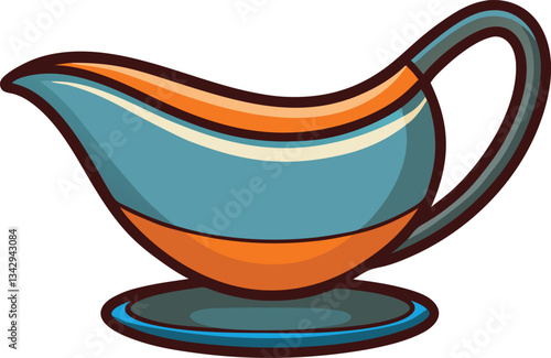 Colorful Gravy Boat Vector Illustration, A vibrant vector illustration of a colorful gravy boat with orange and blue accents, ideal for dining and kitchen-themed content.
