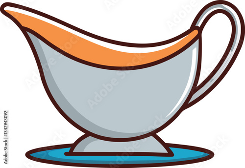 Gray Gravy Boat with Orange Accent Vector Illustration, A sleek vector illustration of a gray gravy boat with an orange accent, resting on a blue plate, ideal for kitchen and dining themes.
