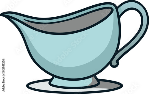 Light Blue Gravy Boat Vector Illustration, A soft blue vector illustration of a gravy boat on a plate, perfect for kitchen, dining, and culinary-themed designs.
