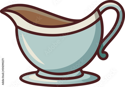 Blue Gravy Boat with Sauce Vector Illustration, A detailed vector illustration of a blue gravy boat filled with sauce, ideal for food, kitchen, and dining themes.
