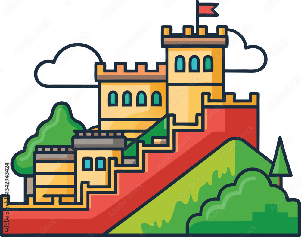 Fototapeta premium Stylized Castle with Stairs and Flag Vector Illustration, A colorful vector illustration of a castle with stairs, greenery, and a flag, ideal for medieval and fantasy-themed designs. 