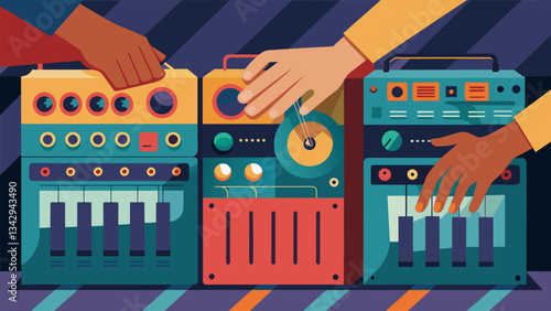 A collection of wrinkled hands carefully adjust settings on amplifiers a testament to years of experience and mastery of their craft.. Vector illustration