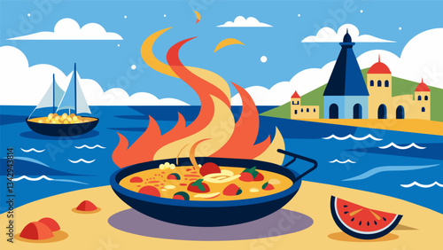 The aroma of saffron and garlic fills the air as the paella simmers to perfection enticing passersby to stop and sample the coastal delight.. Vector illustration