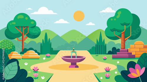 A garden with a designated area for mindfulness exercises surrounded by the sights and scents of nature.. Vector illustration