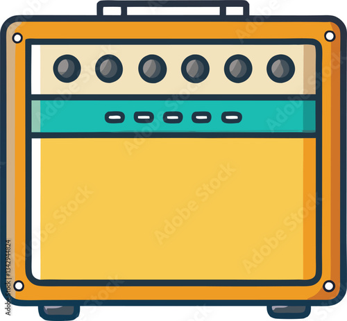 Guitar Amplifier Vector Design with Controls, A colorful vector illustration of a guitar amplifier with detailed controls, perfect for music and audio-related content.

