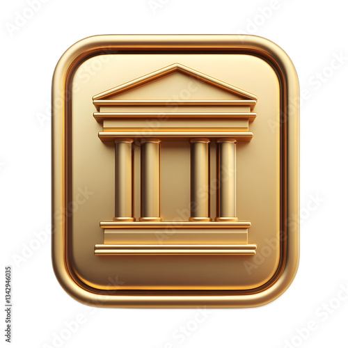 A 3D rendered golden mobile banking app icon featuring a classical architectural design with columns pediment and a minimalist modern style