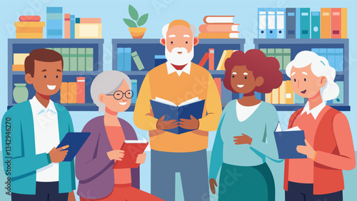 A group of seniors gathering at the local library to hold a conversation club practicing their language skills with each other and offering guidance and support to those learning. Vector illustration