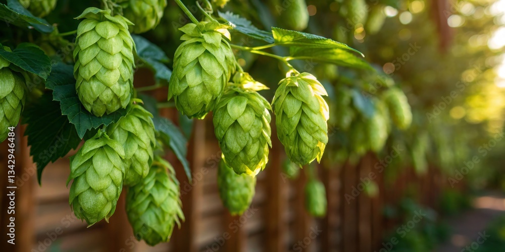 Fresh hop cones hanging on vines in a sunlit garden during early summer