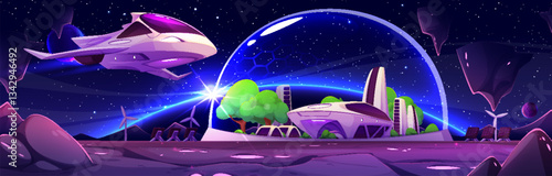 Futuristic city under glass dome on alien planet. Vector cartoon illustration of space shuttle landing fantasy landscape with green tree, modern buildings, solar wind power plants, cosmos exploration