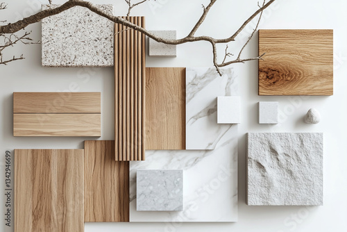 Set of material samples, interior design mood board with natural materials like wood and marble on a white background, top view