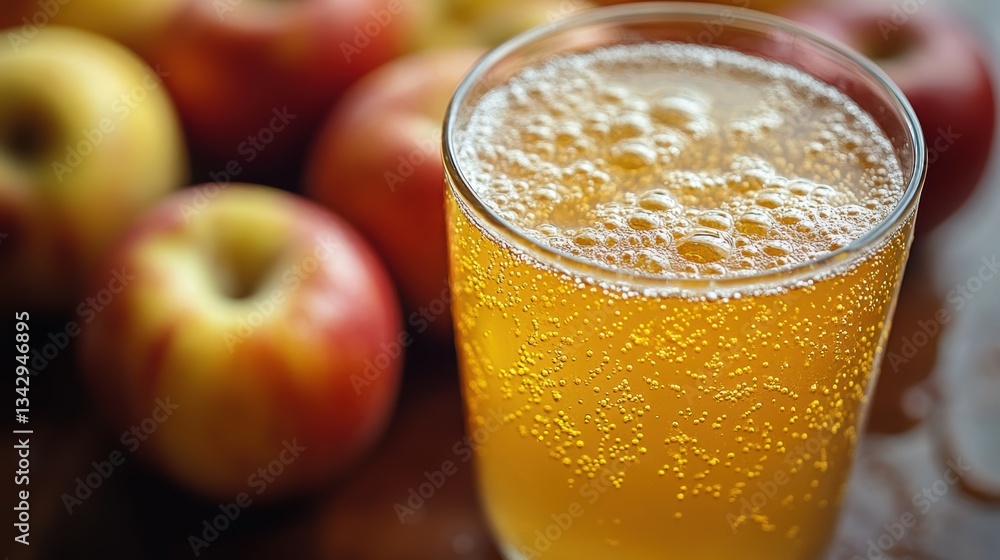 A glass of crisp, golden apple cider vinegar, bubbling invitingly with effervescence, ready for a refreshing drink. A glass of crisp, golden apple cider vinegar, bubbling invitingly with effervescence, ready for a refreshing drink.