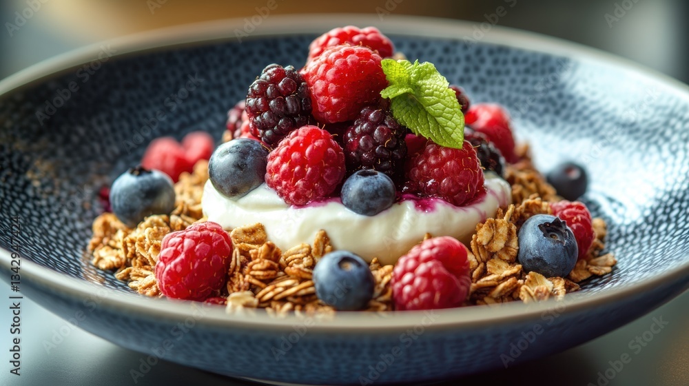 A golden crown of crispy granola, adorned with a dollop of creamy yogurt and a vibrant array of juicy berries, forming a symphony of textures and flavors on a plate.