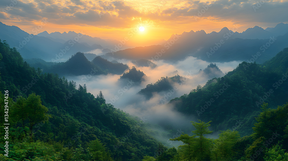 Obraz premium A breathtaking sunrise casts golden hues over a misty mountain range with soft clouds drifting through the valleys