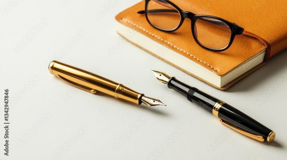 Fototapeta premium Elegant Writing Instruments and Leather Notebook