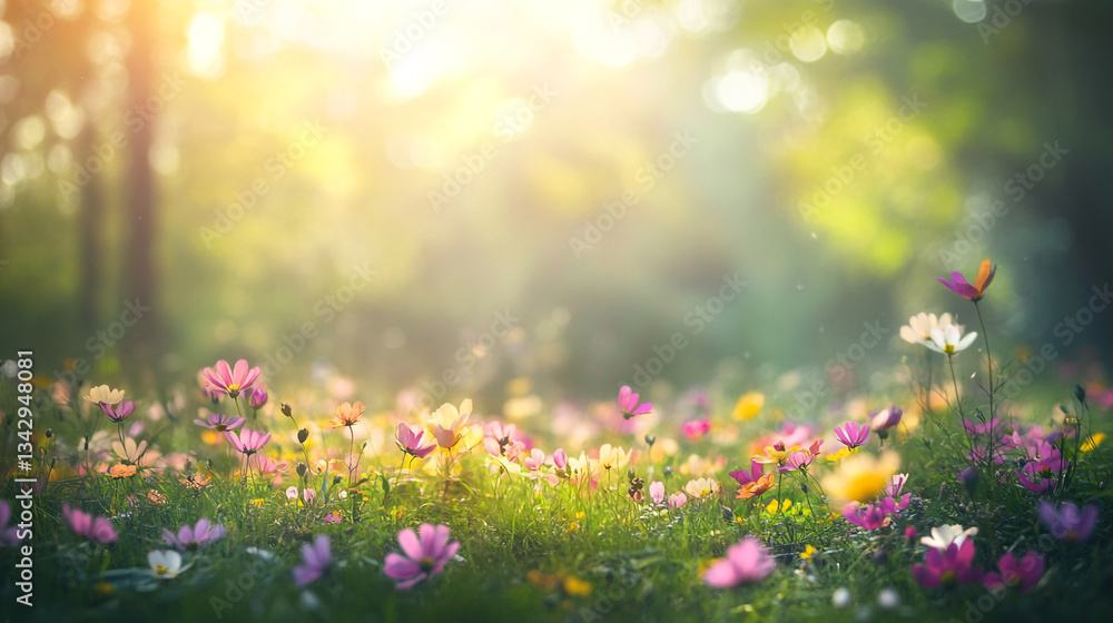 Obraz premium Lush sunlit garden with blooming flowers and soft morning light, illuminating a vibrant forest meadow filled with colorful wildflowers in magical forest, creating a sense of wonder and enchantment.
