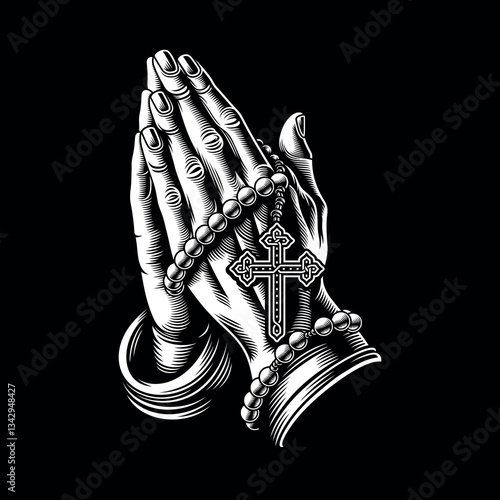 Praying Hand With Rosary Illustration