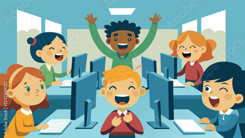 The computer lab is alive with the sounds of childrens voices laughter and the occasional exclamation of triumph as they conquer a difficult computer task.. Vector illustration
